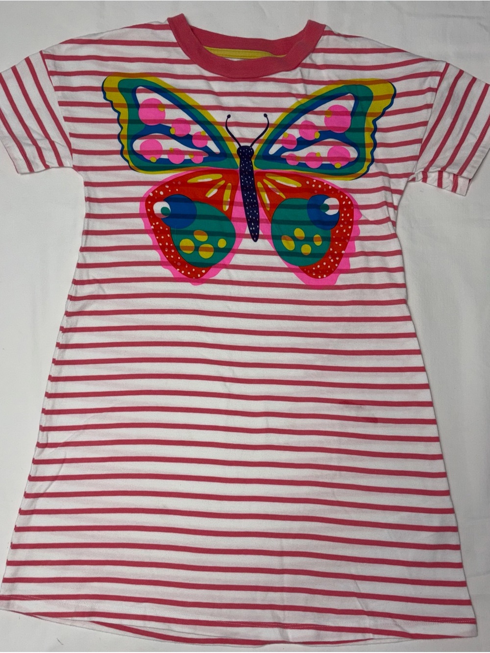 Mini Boden striped tee shirt dress with butterfly applique sz 7-8 years EUC